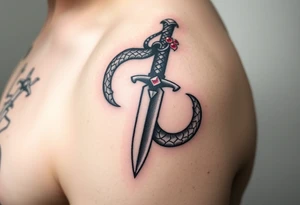 mystical snake coiled around an ancient dagger with jeweled hilt tattoo idea