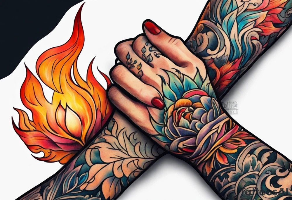 Hands holding each other, flame tattoo on one hand tattoo idea