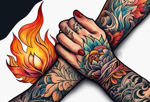 Hands holding each other, flame tattoo on one hand tattoo idea