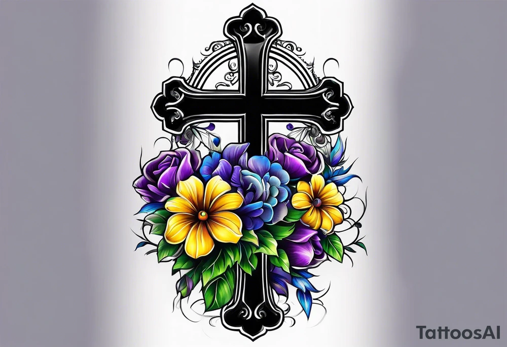 A cross with purple, yellow and blue flowers arm sleeve tattoo idea