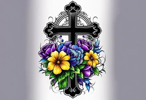 A cross with purple, yellow and blue flowers arm sleeve tattoo idea