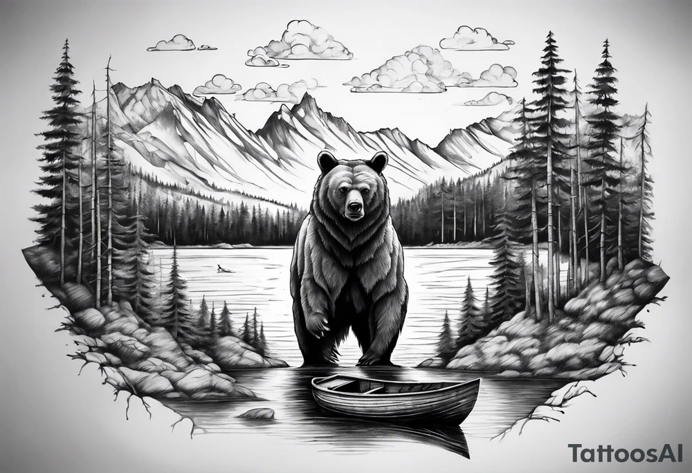 bear head right above the forest line with a lake below with a small fisher boat floating on it, full sleeve tattoo tattoo idea