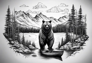 bear head right above the forest line with a lake below with a small fisher boat floating on it, full sleeve tattoo tattoo idea