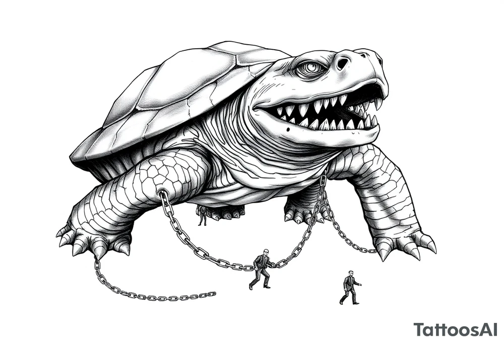 I giant angry turtle with big teeth  chains around its legs with tiny men holding on to the chains scared tattoo idea