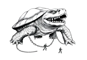 I giant angry turtle with big teeth  chains around its legs with tiny men holding on to the chains scared tattoo idea