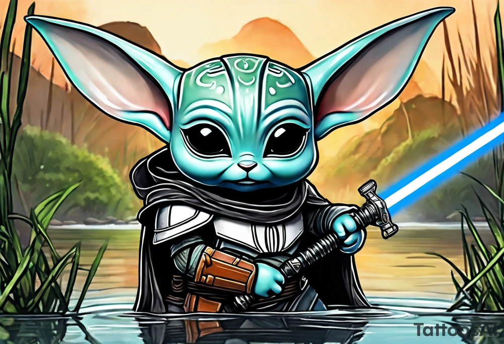 Baby Grogu wearing black mandalorian armor,  with a white lightsaber in a swamp tattoo idea