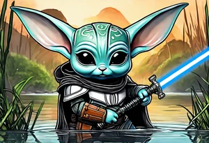 Baby Grogu wearing black mandalorian armor,  with a white lightsaber in a swamp tattoo idea