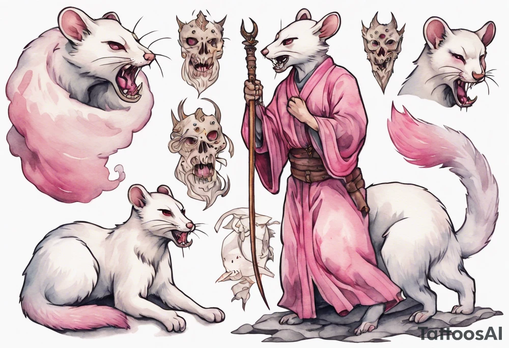an ermine with pink fur attacking an angry medieval man tattoo idea