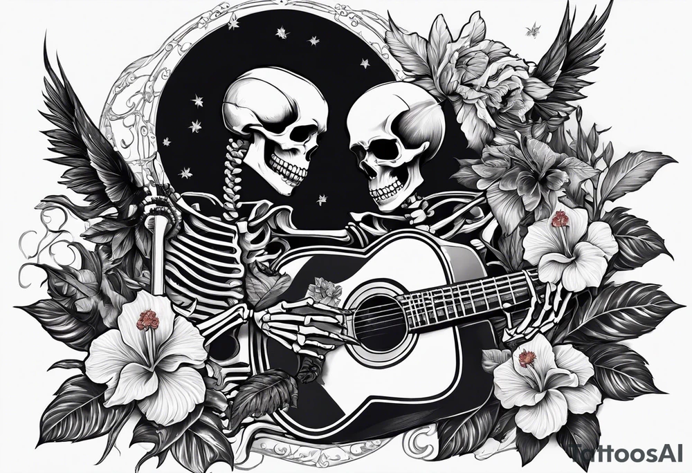 a female skeleton holding a hibiscus flower and a male skeleton playing a guitar. The scene should capture a moment of connection between the two, with the female skeleton attentively listening to the music played by the male skeleton. tattoo idea