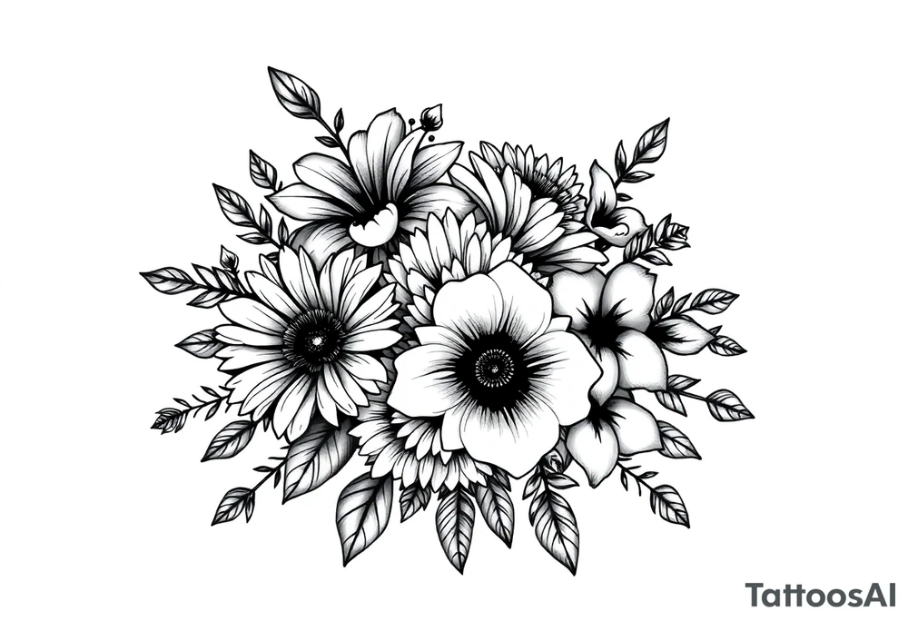 Honeysuckle, marigold, chrysanthemum, and violet bouquet tattoo idea