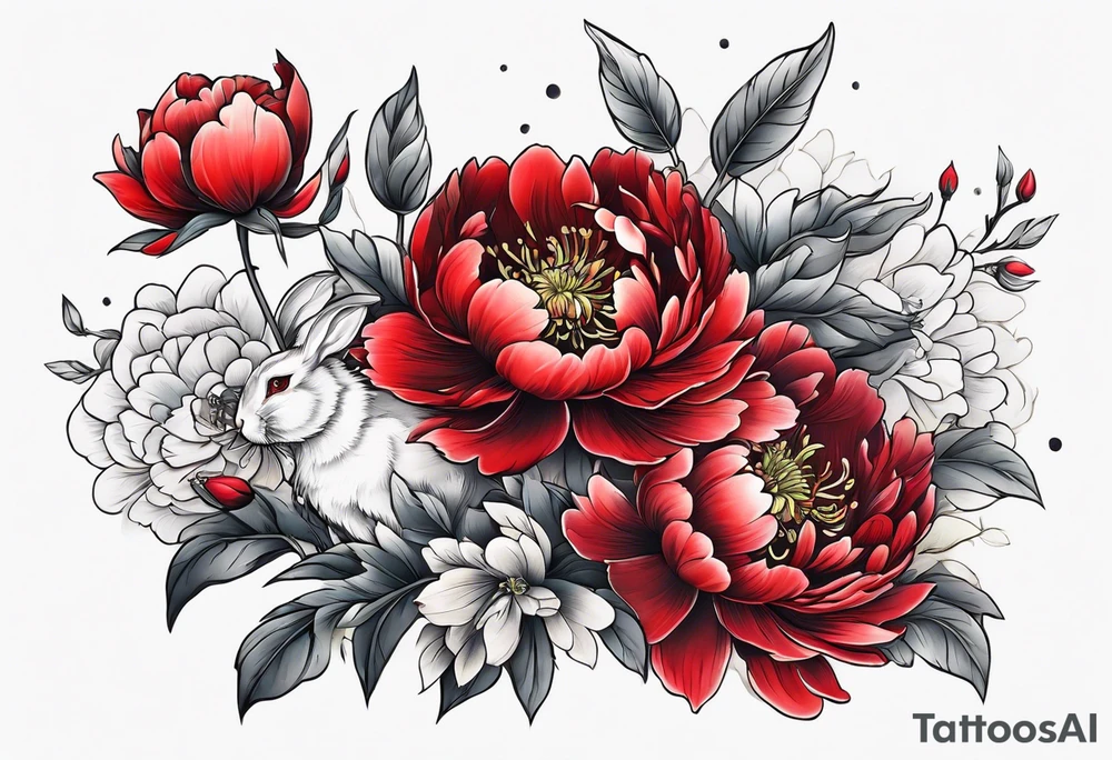 Red peony with small rabbit tattoo idea
