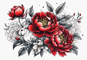 Red peony with small rabbit tattoo idea