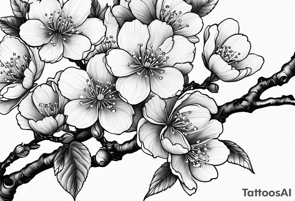 cherry blossoms with leaves and buds along branch tattoo idea