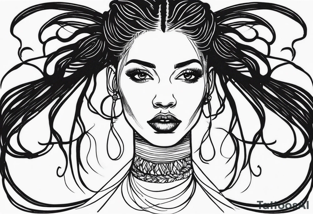 Draw a women head with real dread locks flying in the air, all hair should be to see tattoo idea