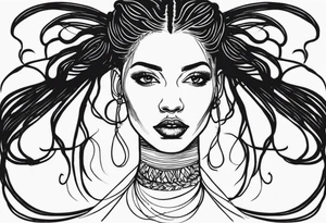 Draw a women head with real dread locks flying in the air, all hair should be to see tattoo idea