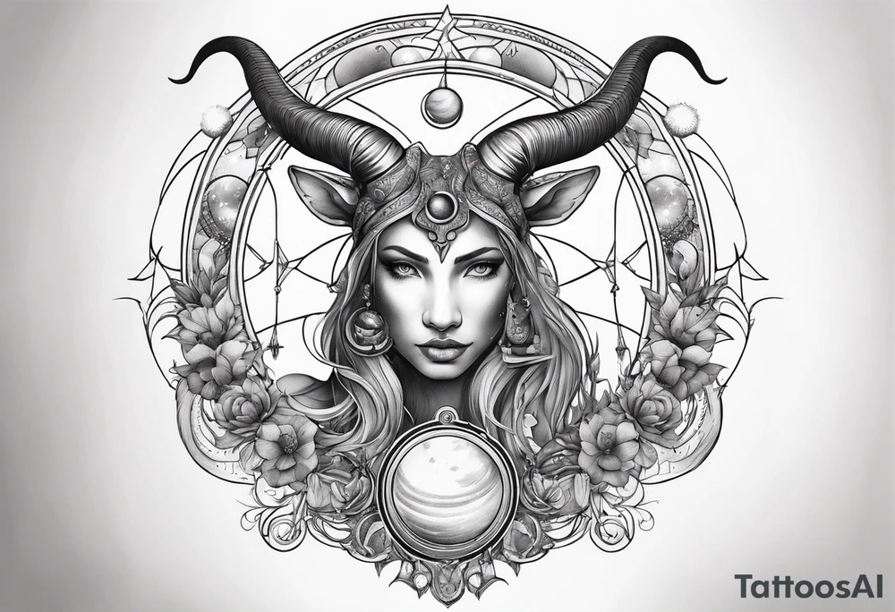 Capricorn tattoo with butterflies and moons with Saturn tattoo idea