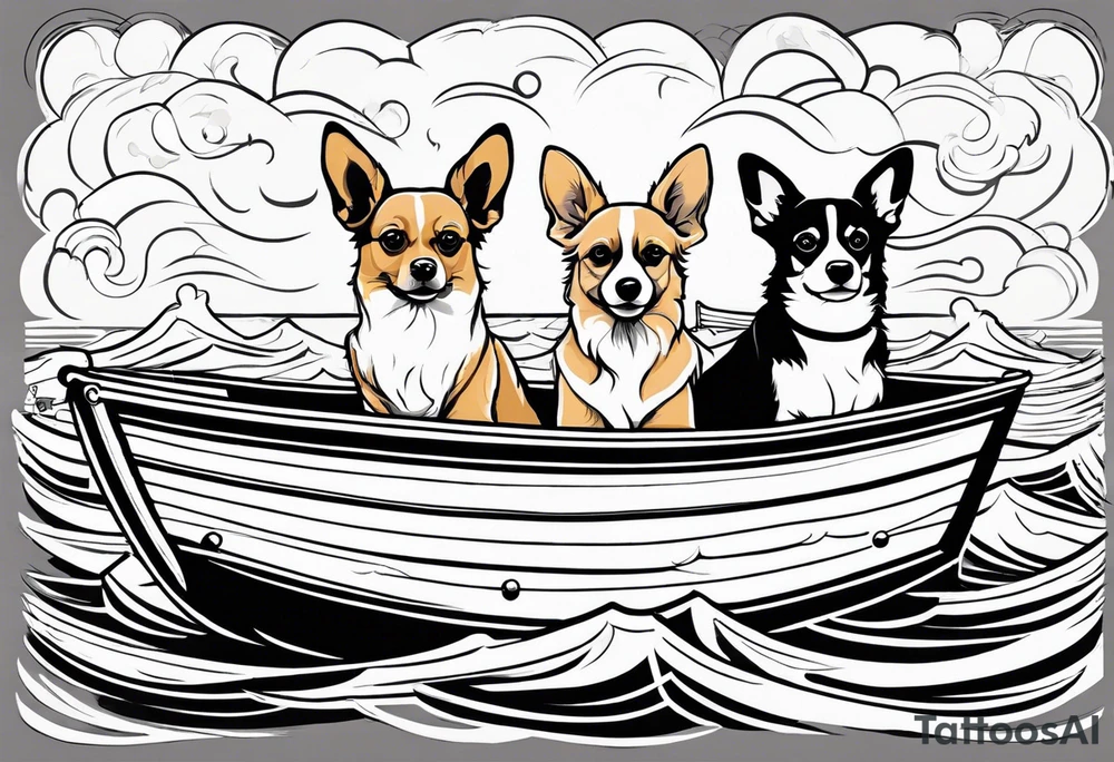 two dogs in a boat. One dog is tan with big ears like a chihuahua. The other dog looks like a corgi with floppy ears. The boat's name is McNamara tattoo idea