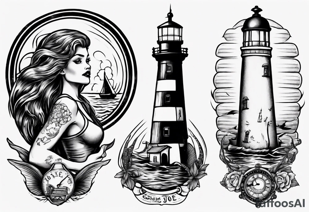 Mermaid looking at lighthouse tattoo idea