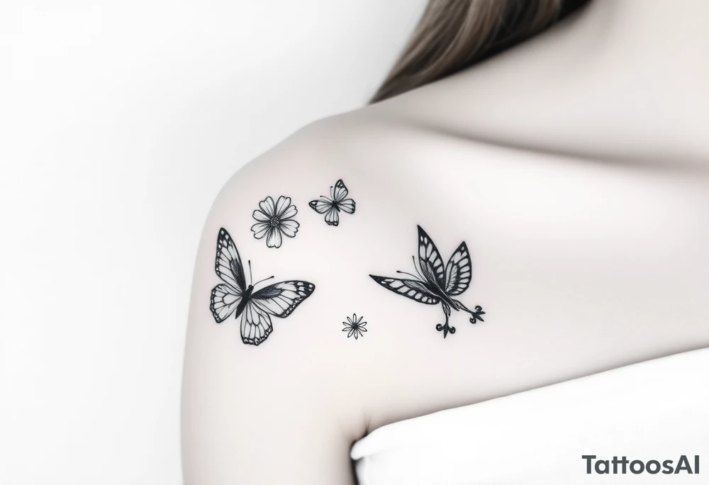 Show me an upper arm/shoulder/shoulder blade tattoo design with a birth flower for July, July, January, September, and 3 butterflies, and a raven and an eagle tattoo idea