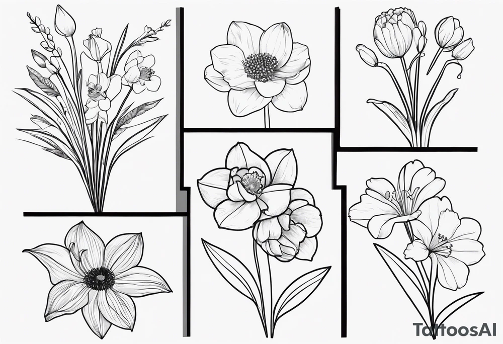 Small simple line-work full flower bouquet (show stems) with 1 daffodil, lily of the valley, 1 poppy, 1 peony, 1 chrysanthemum, and some leaves. Put a butterfly above the daffodil tattoo idea