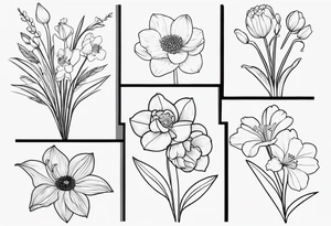Small simple line-work full flower bouquet (show stems) with 1 daffodil, lily of the valley, 1 poppy, 1 peony, 1 chrysanthemum, and some leaves. Put a butterfly above the daffodil tattoo idea