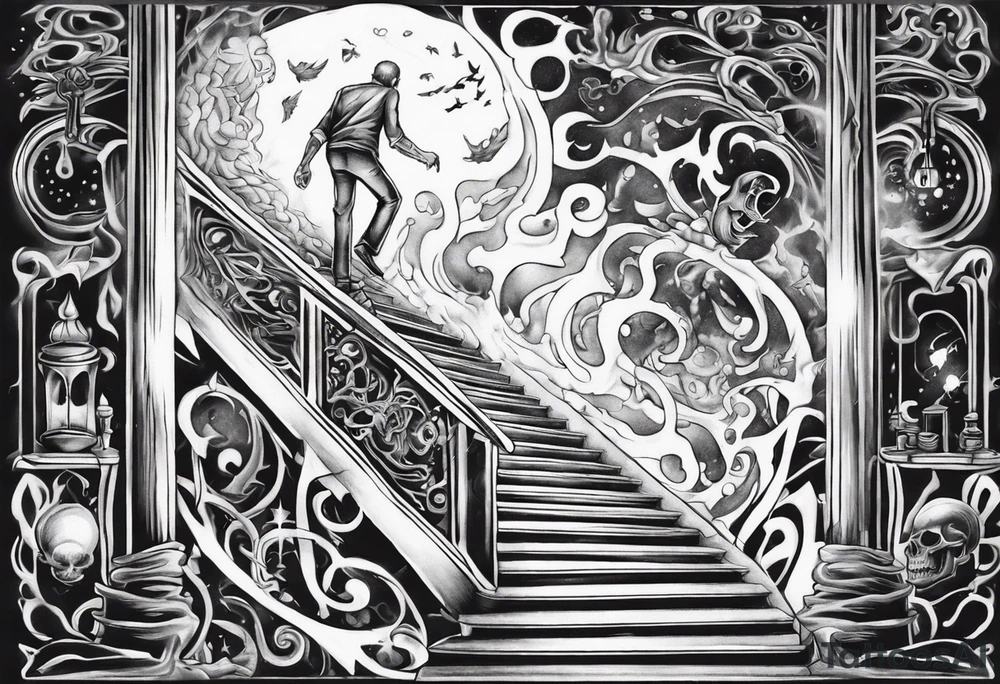 Man walking up stairs filled with light tattoo idea