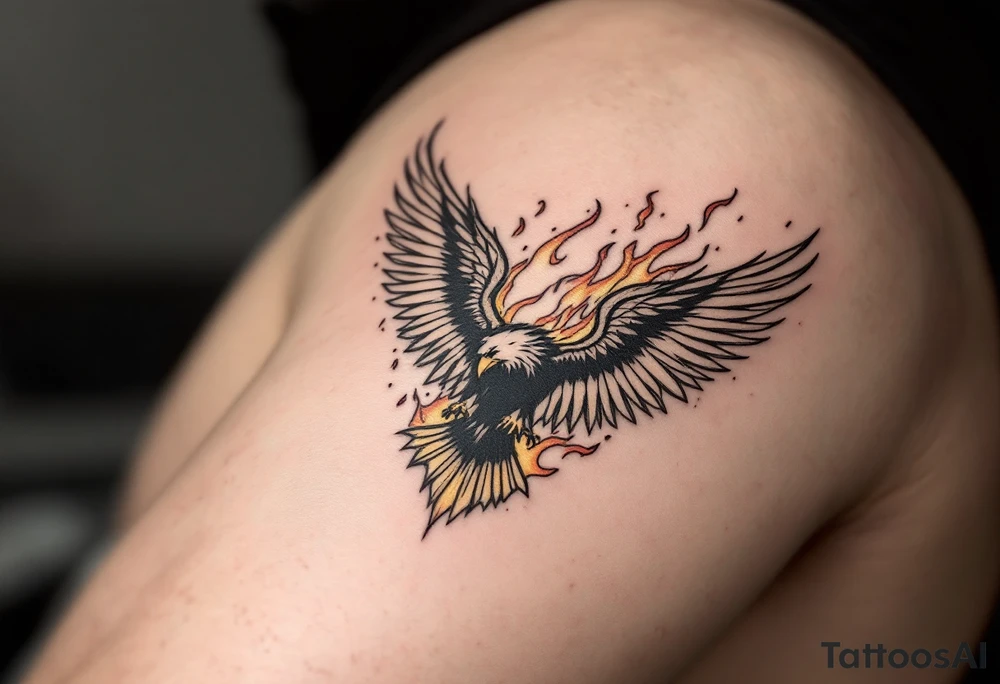 A mighty eagle emerging from golden flames, symbolizing rebirth, resilience, and the indomitable spirit of Silesia. The flames transition from deep red to gold, adding depth and intensity. tattoo idea