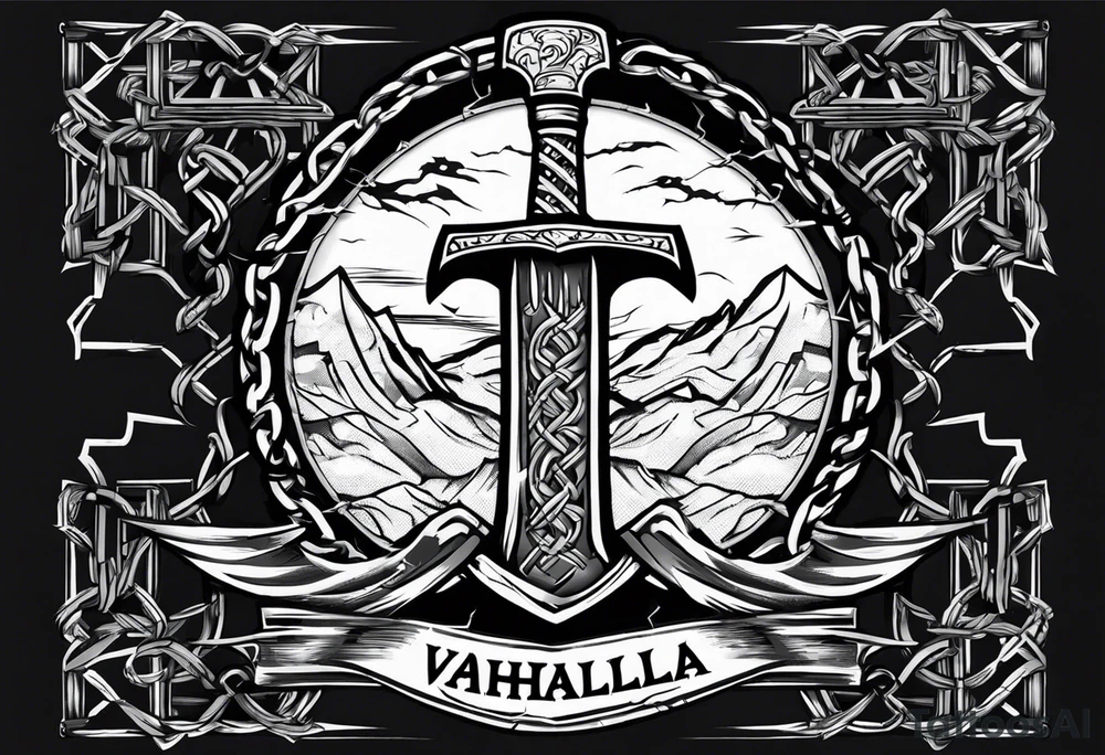 Valhalla sword round
shield axe barbed wire chains dark cloud lightning tattoo idea