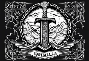 Valhalla sword round 
shield axe barbed wire chains dark cloud lightning tattoo idea