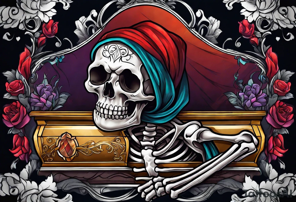 skeleton getting out of coffin tattoo idea