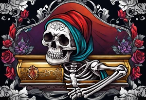 skeleton getting out of coffin tattoo idea