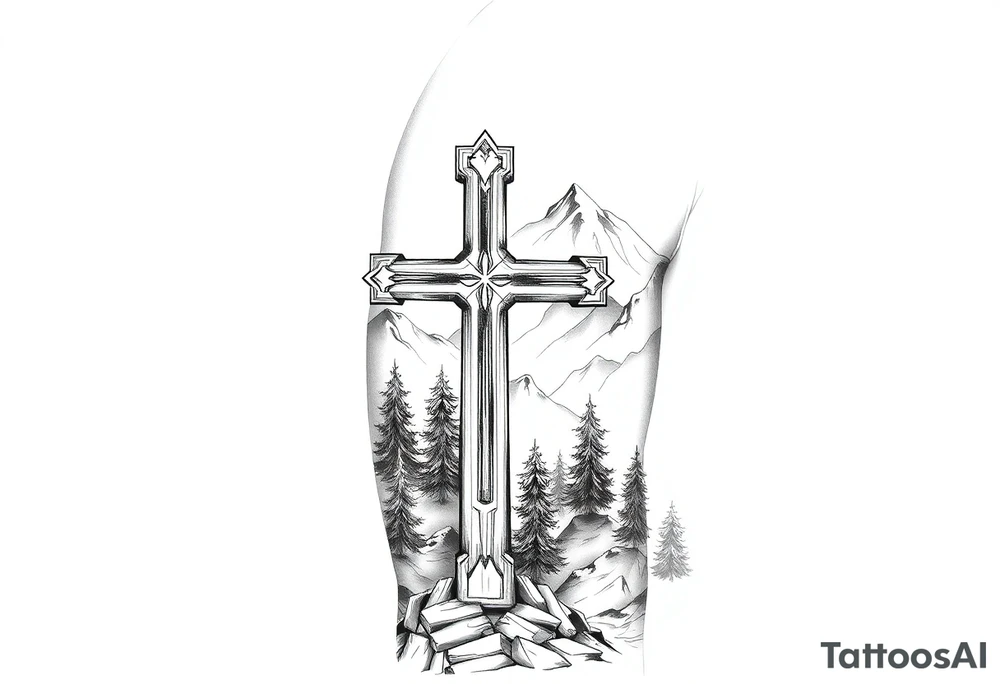 russian orthodox cross in a light forrest mountainous setting tattoo idea