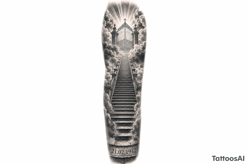 Stairway to heaven, with clouds surrounding the stairs, and the gate being at the top. A date, below the stairs, in Roman numerals 21.02.1942. The tattoo is going on the forearm, but the outside part. Also, it should be realistic, and through the whole forearm. tattoo idea