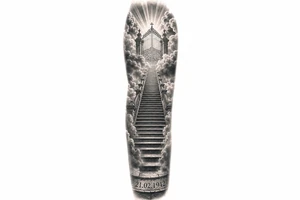 Stairway to heaven, with clouds surrounding the stairs, and the gate being at the top. A date, below the stairs, in Roman numerals 21.02.1942. The tattoo is going on the forearm, but the outside part. Also, it should be realistic, and through the whole forearm. tattoo idea