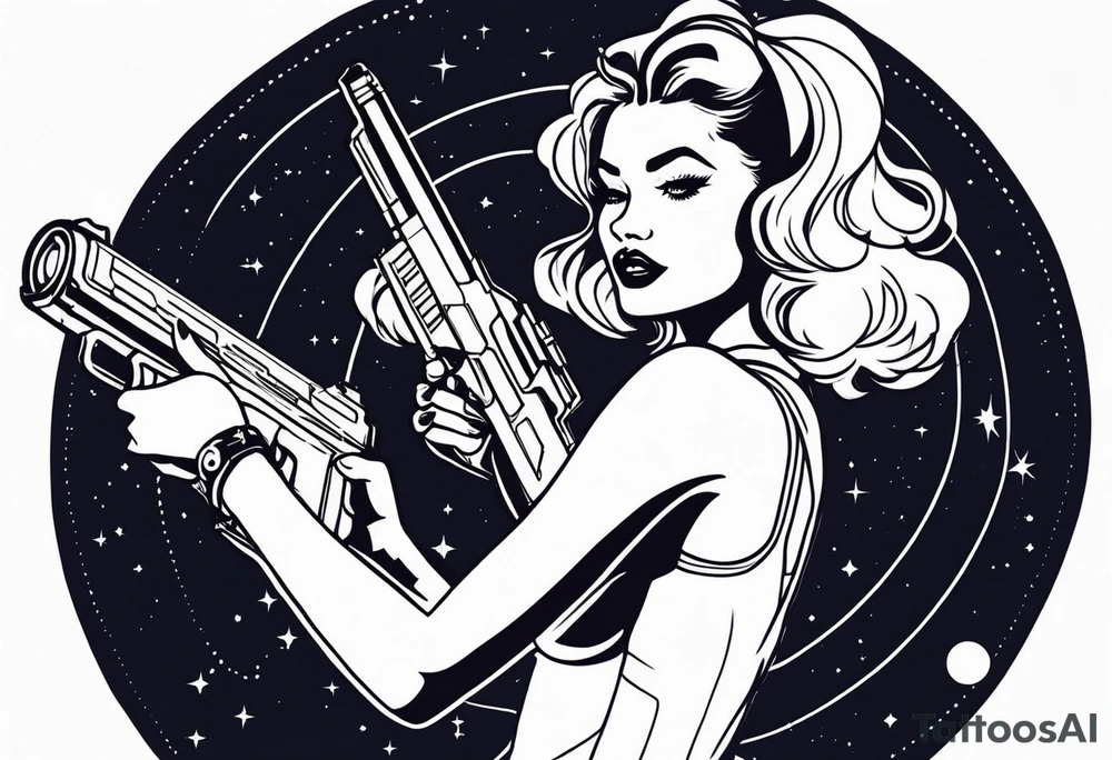 Pinup woman holding laser gun in space tattoo idea