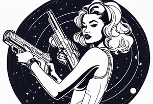 Pinup woman holding laser gun in space tattoo idea