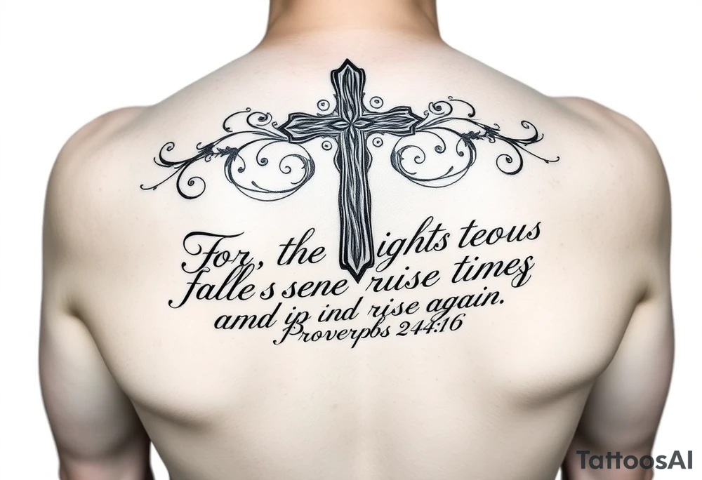 Upper forearm vertical tattoo layout. A large, ornate Christian wood-grain cross serves as the center anchor. Flows into elegant Chicano-style cursive calligraphy that completely fills the upper forearm space. The text spells out the full verse: "For the righteous falls seven times and rises again. Proverbs 24:16". Deep black ink, sharp fine-line details, drop shadows under the letters for depth. Solid white backdrop, absolutely no clouds or smoke backgrounds. tattoo idea
