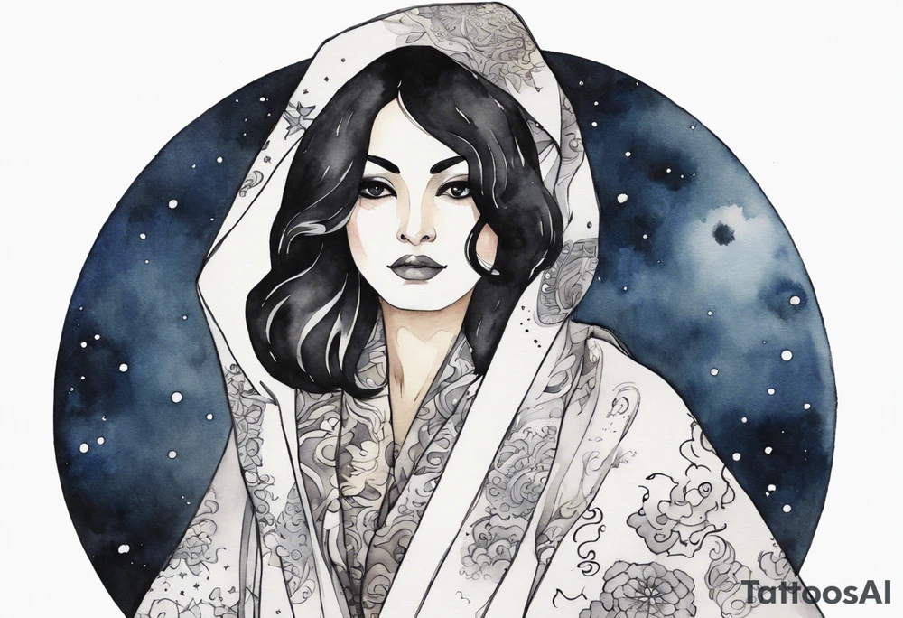 a watercolor of a beautiful 45-year-old Persian woman wearing black and white cloak with the night sky in the background tattoo idea