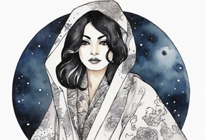 a watercolor of a beautiful 45-year-old Persian woman wearing black and white cloak with the night sky in the background tattoo idea