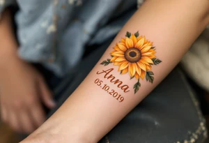 Anna 05. 10. 2019 – A warm orange sunflower design, with Anna's birthdate in bold rust-colored script, complemented by green leafy details. tattoo idea