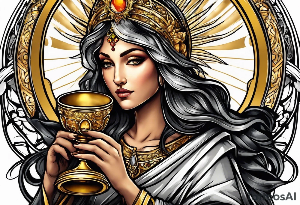 woman saint holding chalice surrounded by golden halo sideways tattoo idea