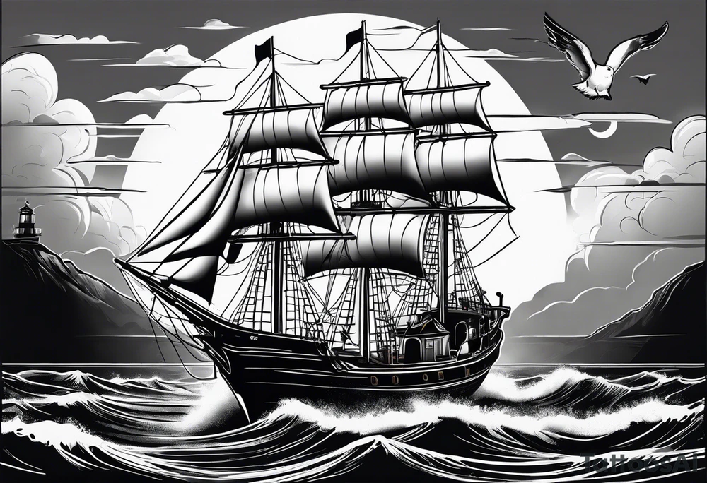 ghost marine lighthouse behind the bow of a sailboat. tattoo idea