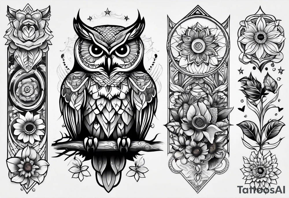 Owl, butterfly and sunflower are sleeve tattoo idea
