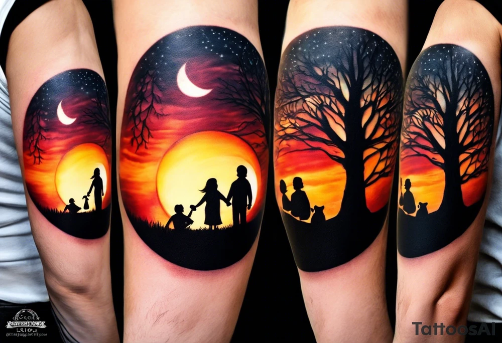 Tattoo of a family of four on a male forearm 
- dad, mom and two boys around a campfire.  Background is a sunset at the bottom, night at the top with a big beautiful moon. I would like the tattoo to be encased in a circle with the words "All that I need is the air that I breathe, and all that I need are things I don't need, and all that really matters is what matters to me". tattoo idea