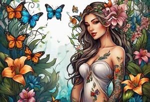 Wood nymph made or bark and branches standing upright. Butterflies in background. Lillies near her feet with colorful vegetation. tattoo idea