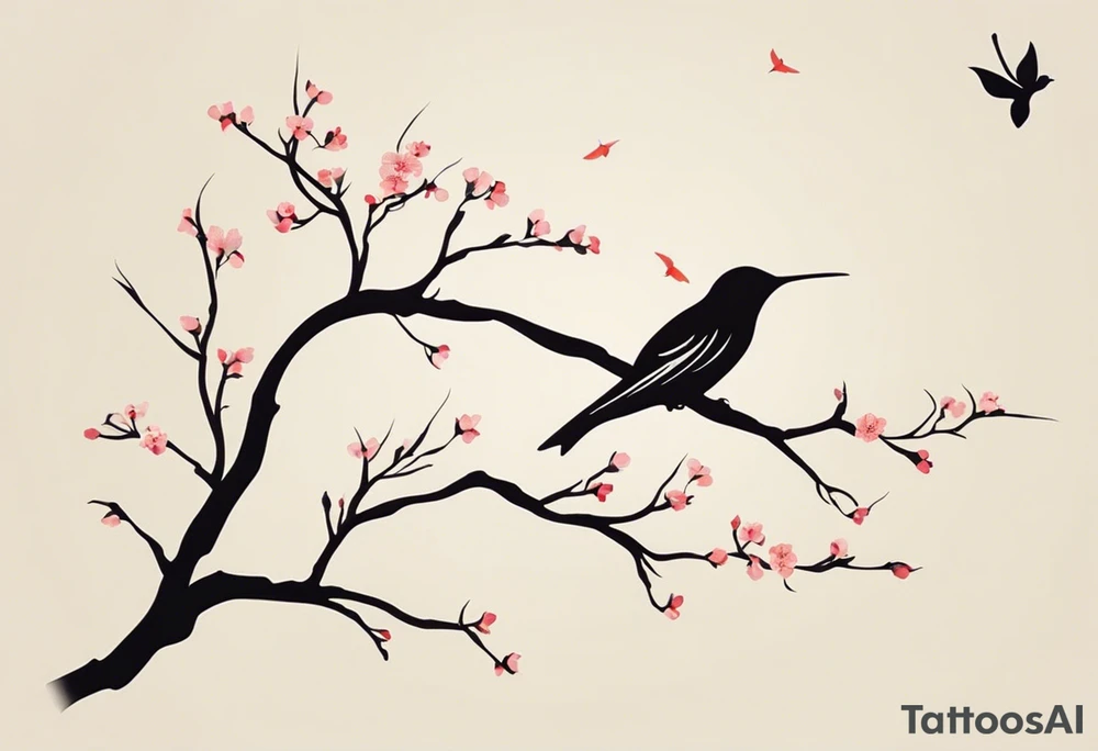 “Create a fine, delicate tattoo that starts at the lower back and extends to the middle of the back. The design should feature a thin, flowing Japanese plum branch, with small plum blossoms and ginkgo leaves subtly integrated into the branch. Carefully conceal the following elements within the design: a small, elegant horseshoe, a hummingbird in flight, a graceful butterfly, an antique pocket watch with intricate details, and a small, sparkling diamond. Ensure that these elements blend seamlessly and harmoniously into the natural flow of the branch, creating a refined and elegant composition with all details appearing subtle and not overwhelming. The overall aesthetic should feel organic, balanced, and artistically intricate.” tattoo idea
