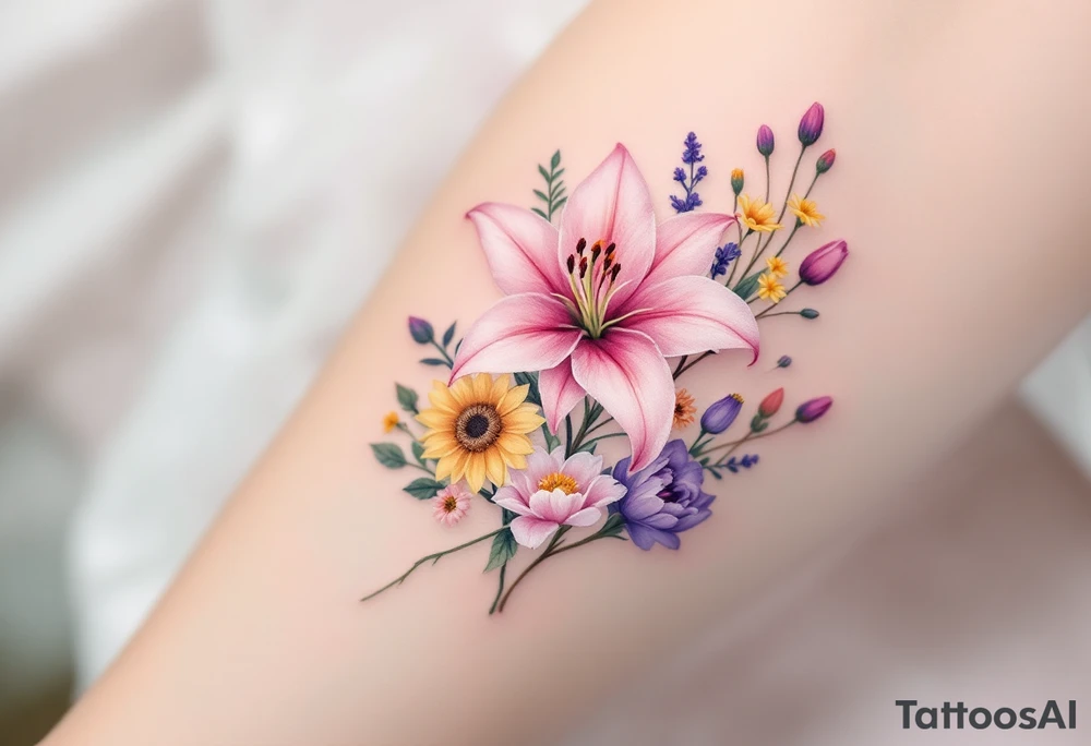 stargazer lillies in light pink with small yellow sunflowers and poppies and purple tulip buds in a dainty wildflower bouquet with stems tattoo idea