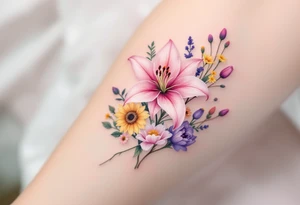 stargazer lillies in light pink with small yellow sunflowers and poppies and purple tulip buds in a dainty wildflower bouquet with stems tattoo idea