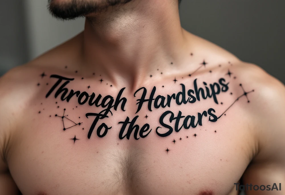 A jet-black serif  “Through Hardships To the Stars”stretches across the collarbone with a constellation in pale gold above it. tattoo idea