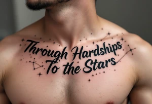A jet-black serif  “Through Hardships To the Stars”stretches across the collarbone with a constellation in pale gold above it. tattoo idea